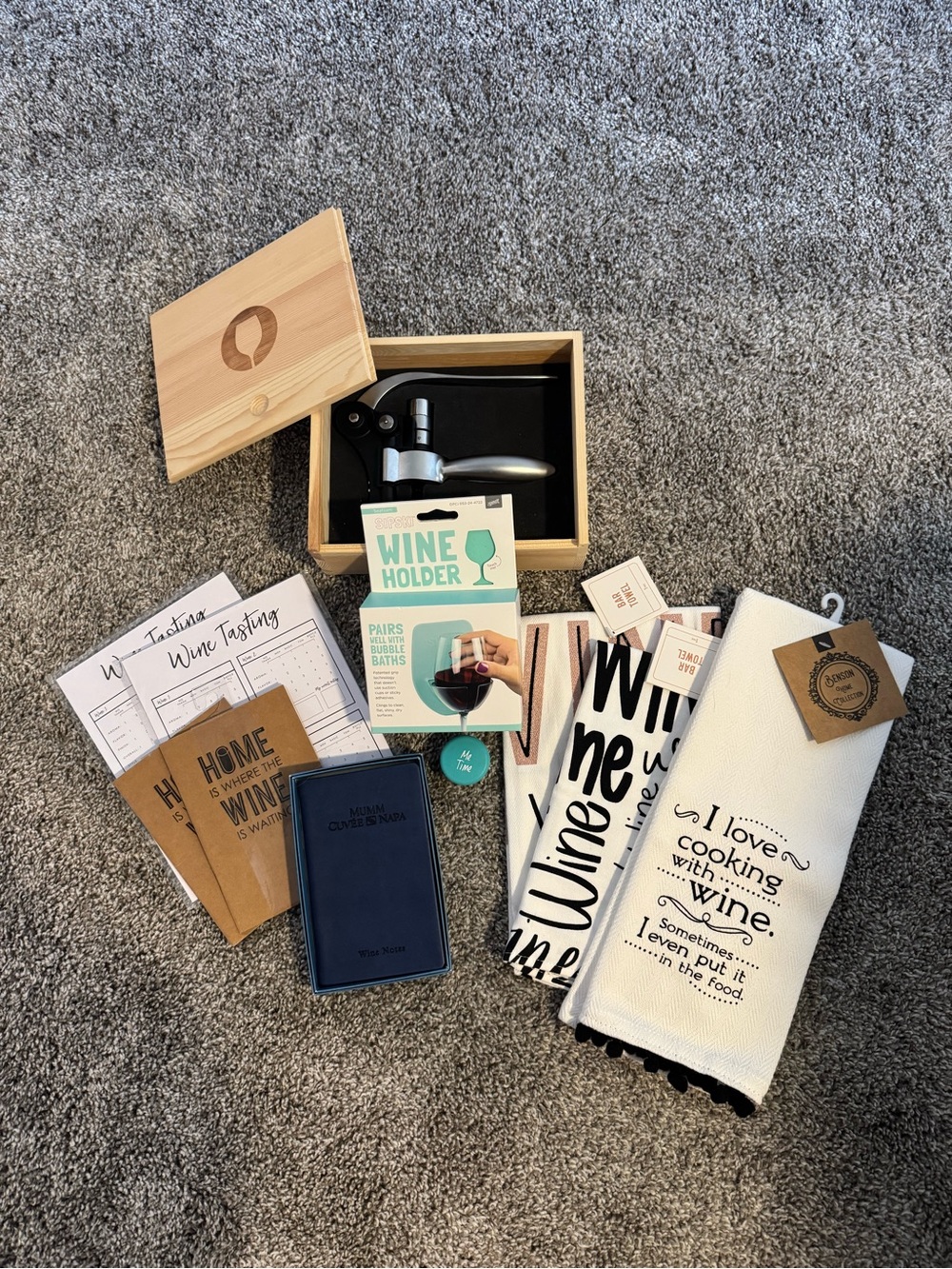 Wine Gift Set with Wood Box, Corkscrew & Kitchen Towels